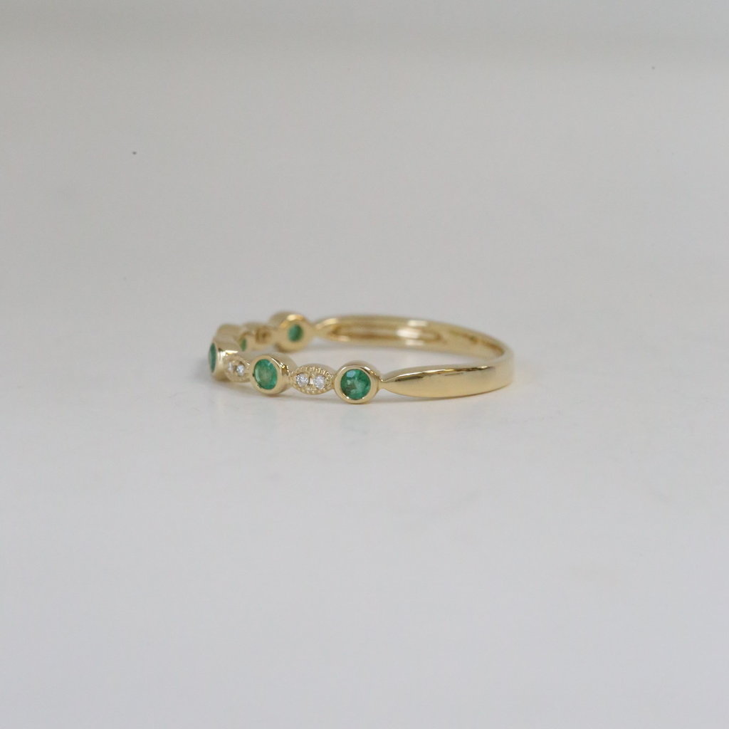 14K Yellow Gold .02ctw Round Brilliant Diamond and .14ctw Round Emerald Stackable Band