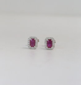 14k White Gold 0.18ctw Diamond Halo and Emerald-Cut Ruby Stud Earrings