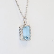 14K White Gold 3.22ctw Emerald-Cut Aquamarine and .03ctw Diamond Halo Pendant 18"