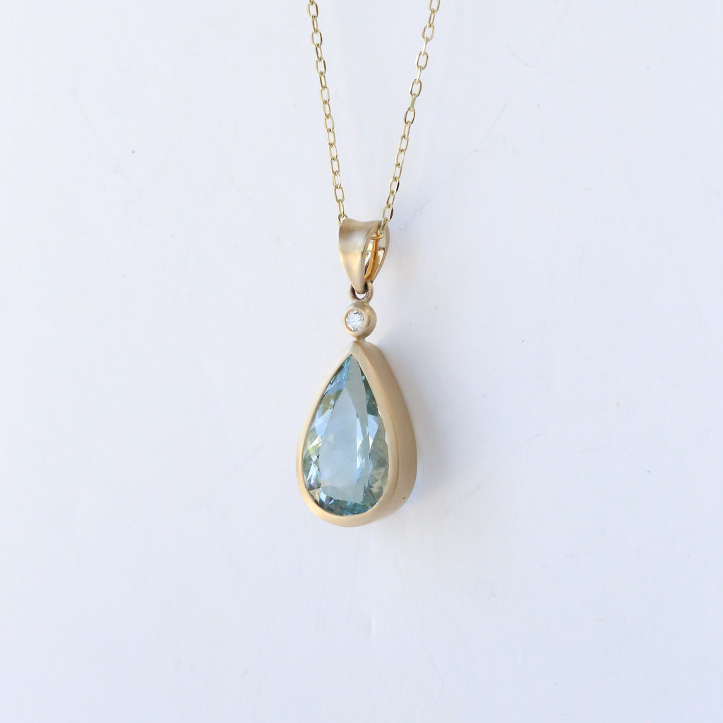 14K Yellow Gold 6.32ctw Aqua Teardrop and .03ctw Diamond Satin  Bezel Set Pendant