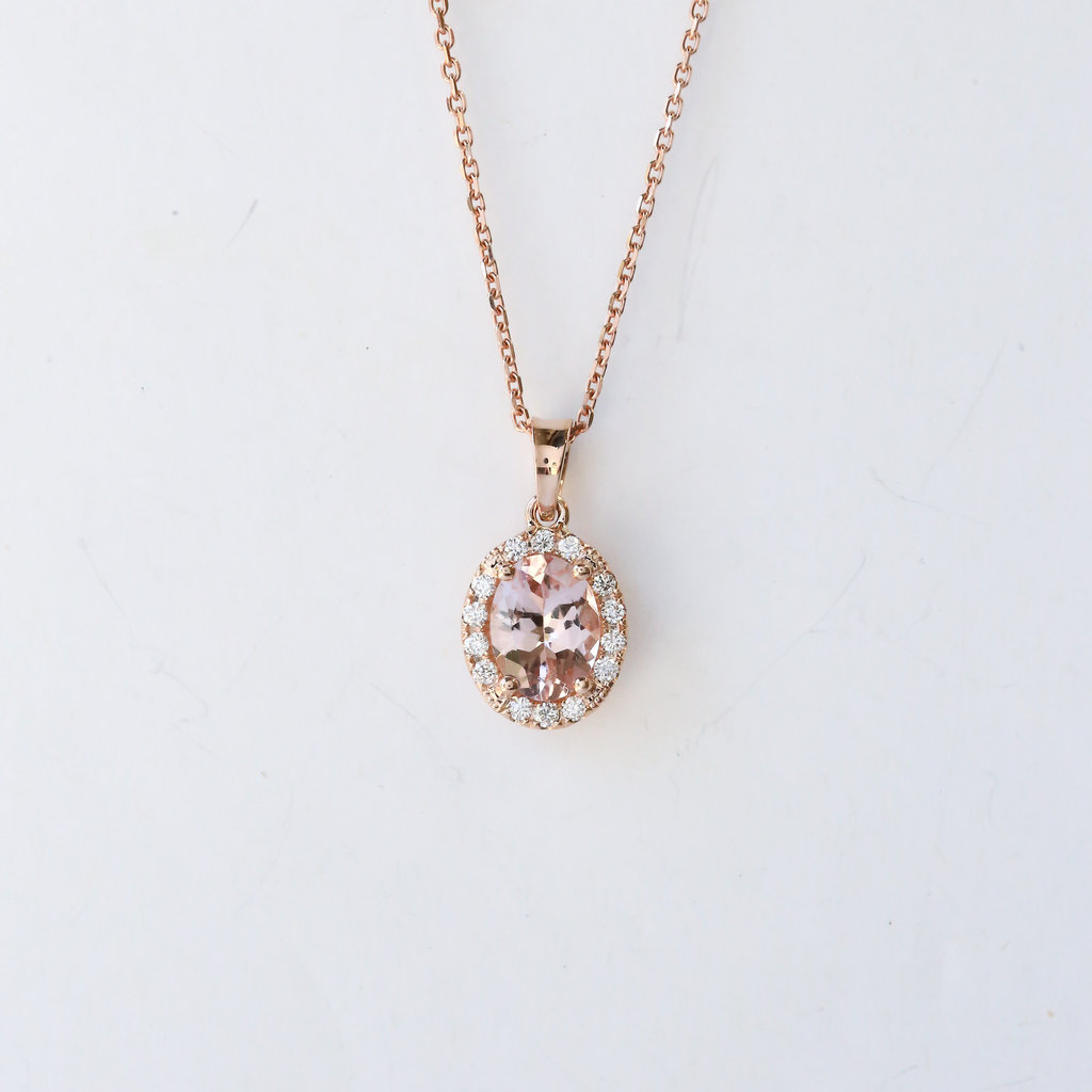 14K Rose Gold .99ctw Morganite & .15ctw Diamond Halo Pendant 20"