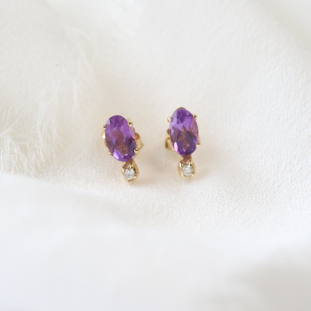 14K Yellow Gold Amethyst and Diamond Birthstone Earrings