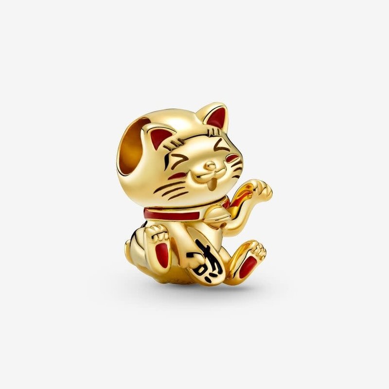 Pandora PANDORA Charm, Cut Fortune Cat, 14k Gold Plated & Red Enamel