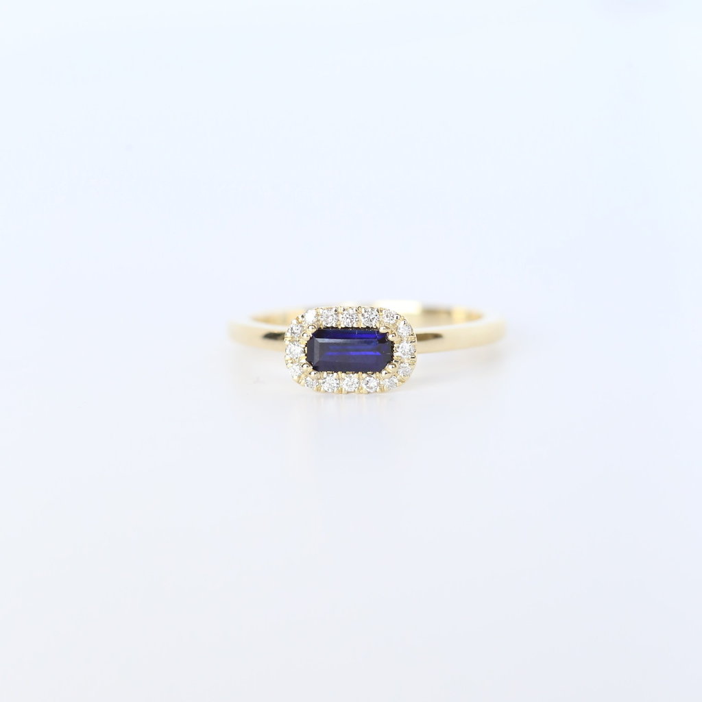 10K Yellow Gold .11ctw Diamond Halo and .36ct Blue Sapphire Baguette Ring (Size 7)