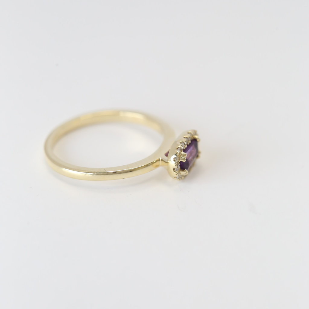 10K Yellow Gold .12ctw Diamond Halo and .36ctw Amethyst Baguette Ring (Size 7)