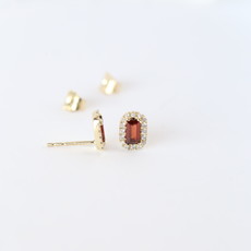 10K Yellow Gold .14ctw Diamond Halo and Garnet Baguette Earring Studs