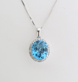 American Jewelry 14k White Gold Oval Blue Topaz .39ctw Round Diamond Halo Necklace