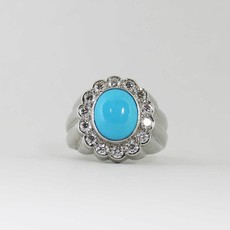 American Jewelry 14K White Gold Custom Gents Ring with Turquoise Center & 1.16ctw Round Brilliant Diamonds