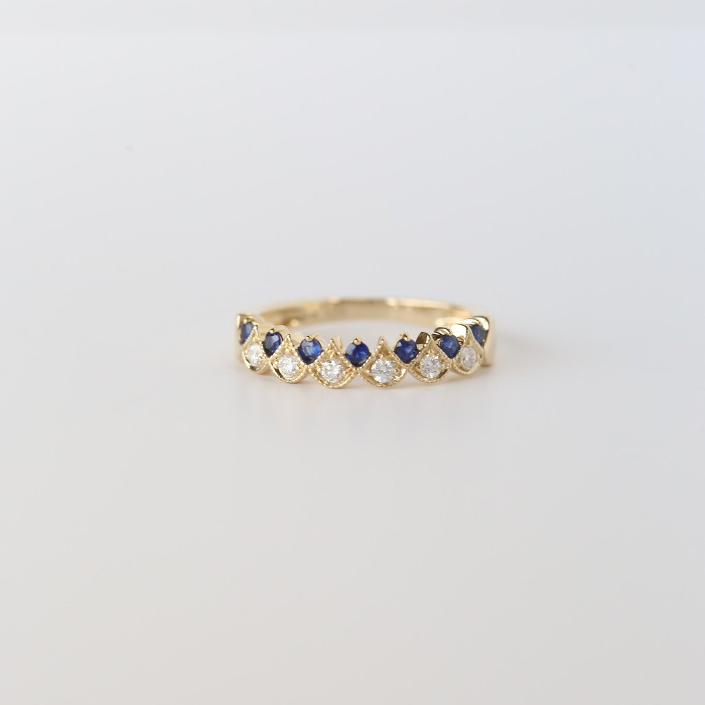 14k Yellow Gold .16ctw Diamonds and .25ctw Blue Sapphire Milgrain Band