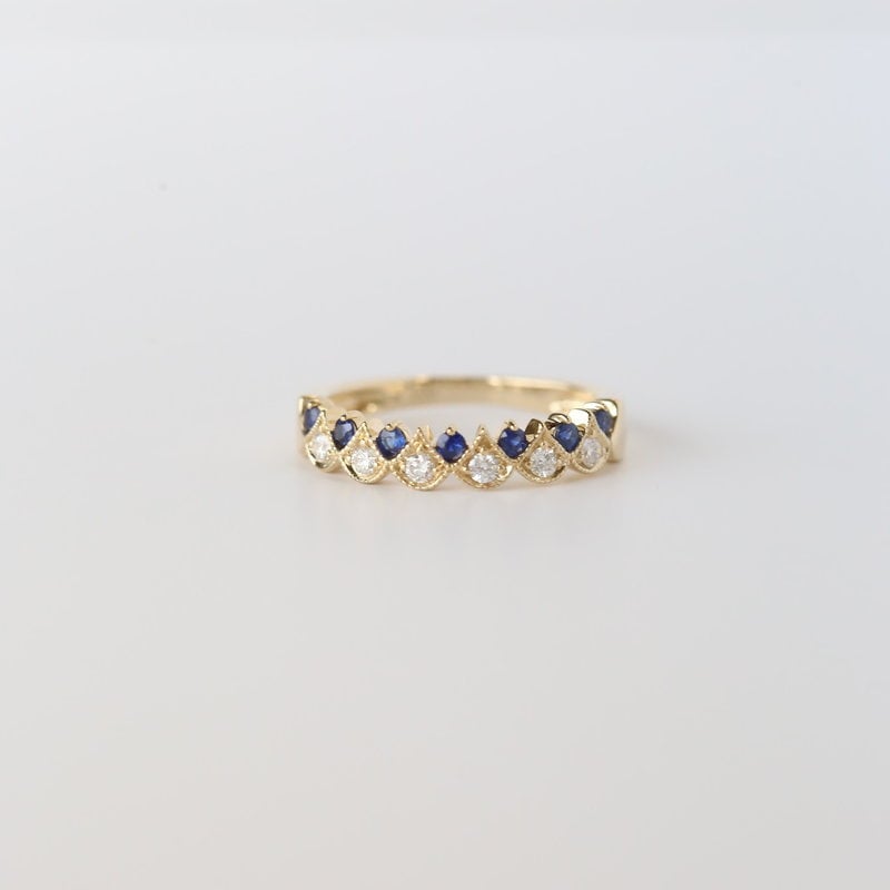 14k Yellow Gold .16ctw Diamonds and .25ctw Blue Sapphire Milgrain Band