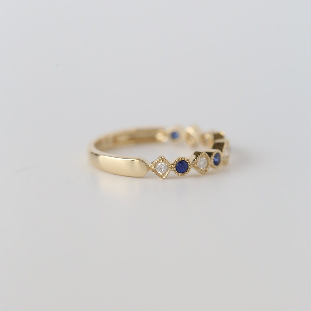 14k Yellow Gold .10ctw Diamond and .19ctw Blue Sapphire Milgrain Band