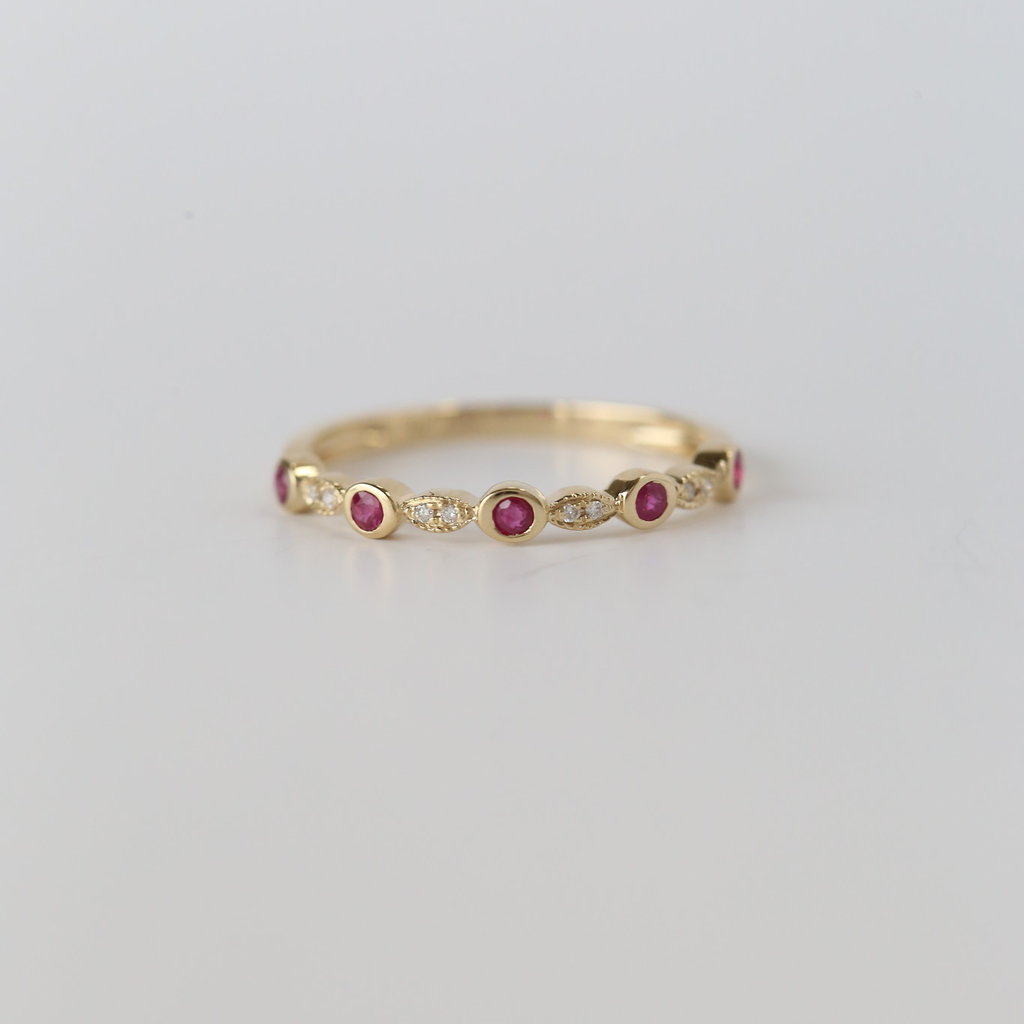 14k Yellow Gold .02ct Diamond and .18ctw Ruby Milgrain Stackable Band
