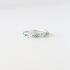 14k White Gold .14ctw Diamond and .18ctw Emerald Milgrain Stackable Band