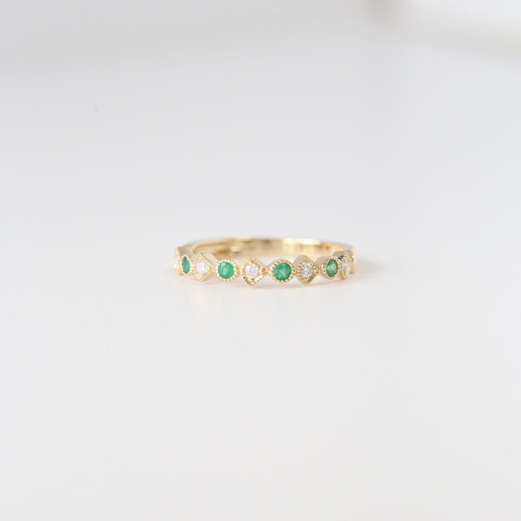 14k Yellow Gold .09ctw Diamond and .16ctw Emerald Milgrain Stackable Band