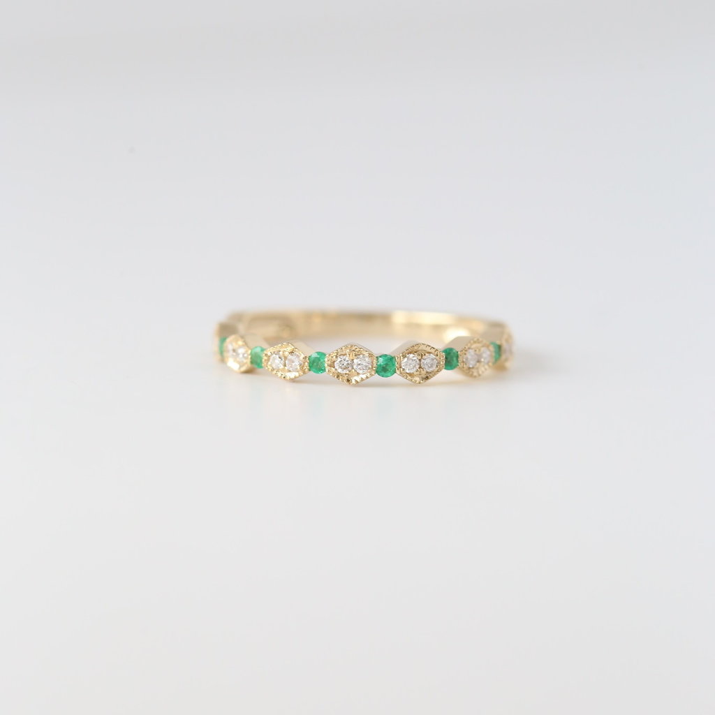 14k Yellow Gold .11ctw Diamond and .11ctw Emerald Stackable Band