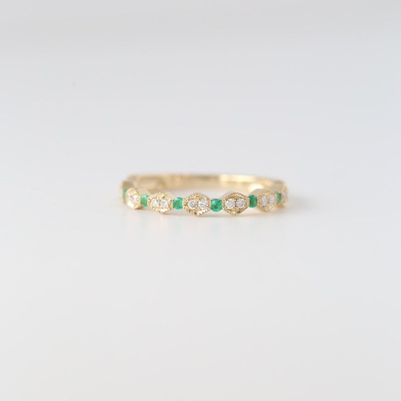 14k Yellow Gold .11ctw Diamond and .11ctw Emerald Stackable Band
