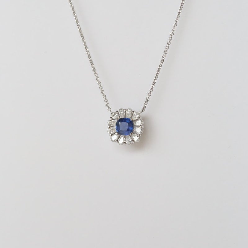 14k White Gold .67ctw Diamond Halo and .89ctw Sapphire Pendant