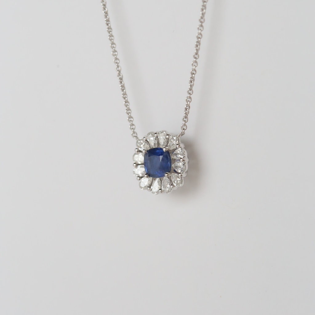 14k White Gold .67ctw Diamond Halo and .89ctw Sapphire Pendant