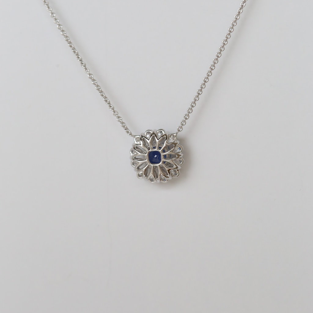 14k White Gold .67ctw Diamond Halo and .89ctw Sapphire Pendant