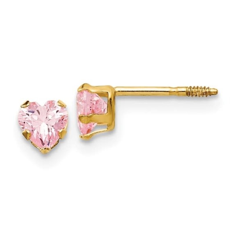 American Jewelry 14k Yellow Gold Kids Pink CZ Heart Solitaire Stud Earrings