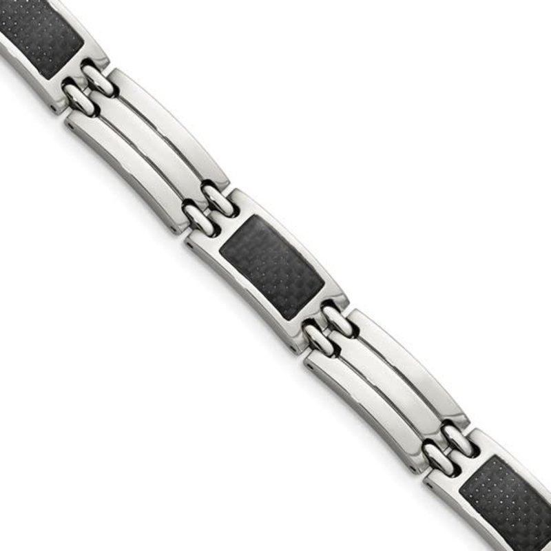 American Jewelry Stainless Steel Brushed and Polished with Black Carbon Fiber Inlay Link Bracelet (8.5")