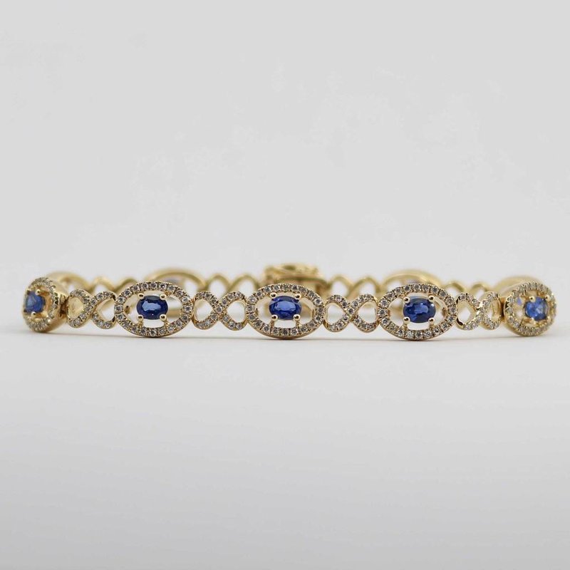 American Jewelry 14k Yellow Gold 2.2ctw Oval Blue Sapphire & 1.32ctw Diamond 6.5" Ladies Bracelet