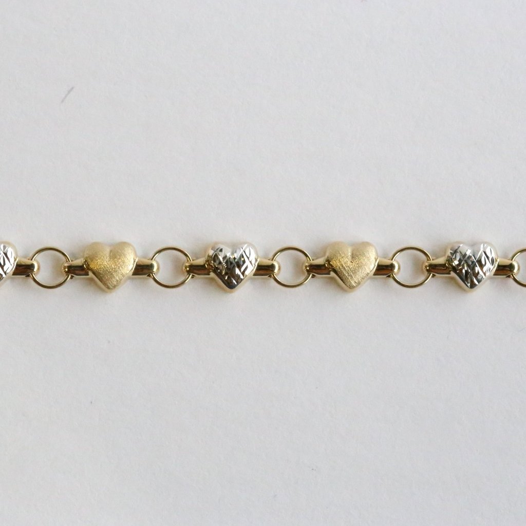 American Jewelry 14k Yellow & White Gold Polished & Matte Heart Anklet (10")