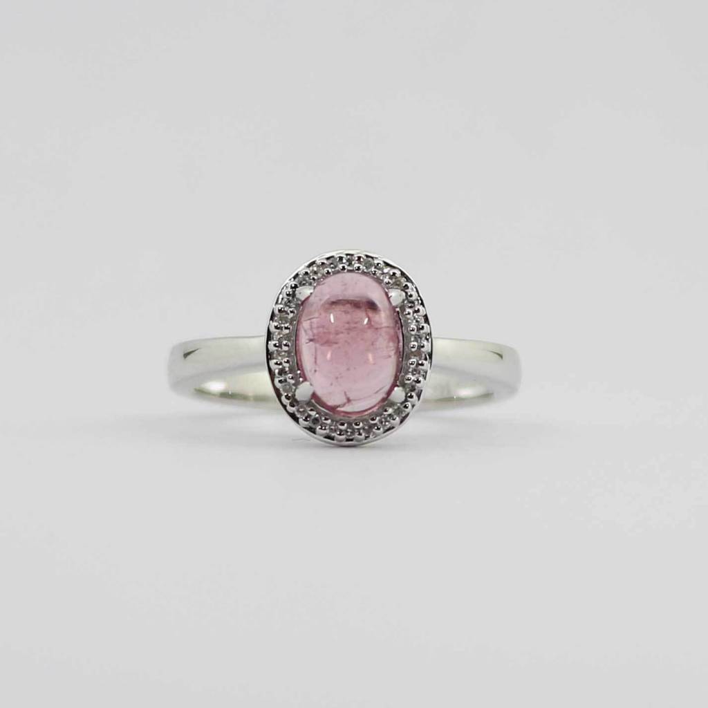 14k White Gold Ladies Halo Ring With 1 3ct Cabochon Pink Tourmaline Center 08ctw Diamonds American Jewelry