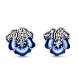 Pandora PANDORA Earrings, Blue Pansy Stud, Clear CZ