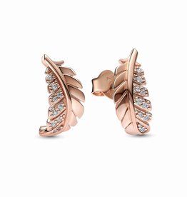 Pandora PANDORA Earrings, Floating Curved Feather Stud, Rose Gold Plated & Clear CZ