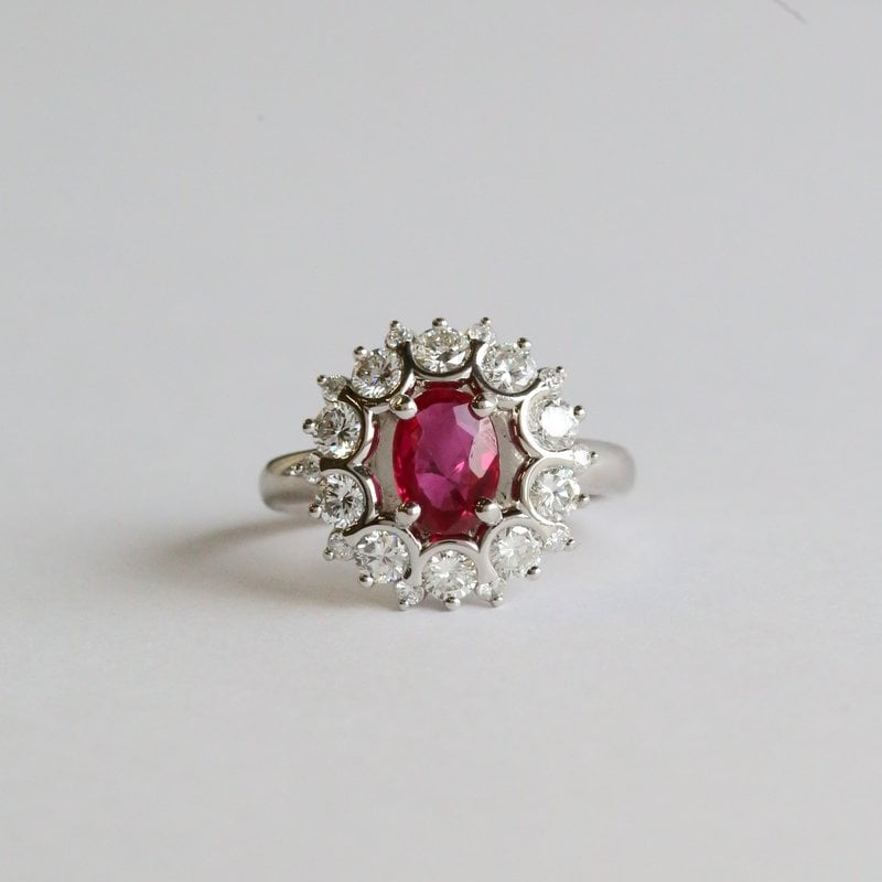 American Jewelry 14k White Gold 1.16ctw Ruby 1.20ctw Round Diamond Halo Ring (Size 6.75)
