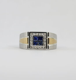 American Jewelry 14k Gold Estate Two-Tone .30ctw Diamond & Sapphire Gents Ring (Size 12)