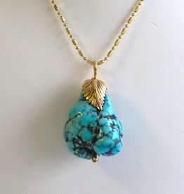 American Jewelry 14k Yellow Gold Turquoise Nugget Leaf Bail Necklace