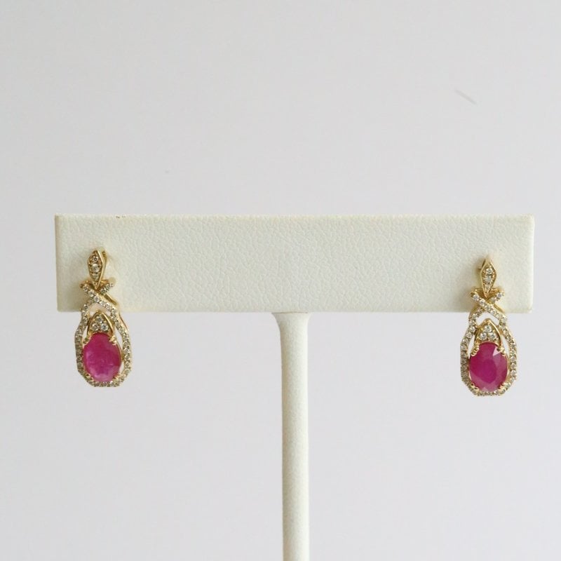 American Jewelry 14k Yellow Gold 1.97ct Ruby .26ct Diamond Intricate Dangle Earrings