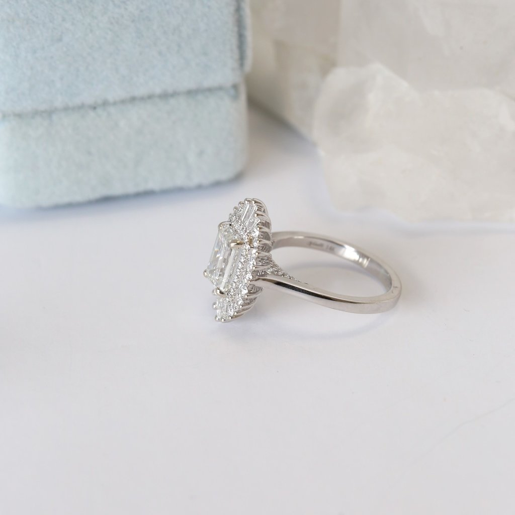 14k White Gold 2.66ct (2.01ct F/VS1 Lab Emerald Center) Baguette Diamond Halo Engagement Ring