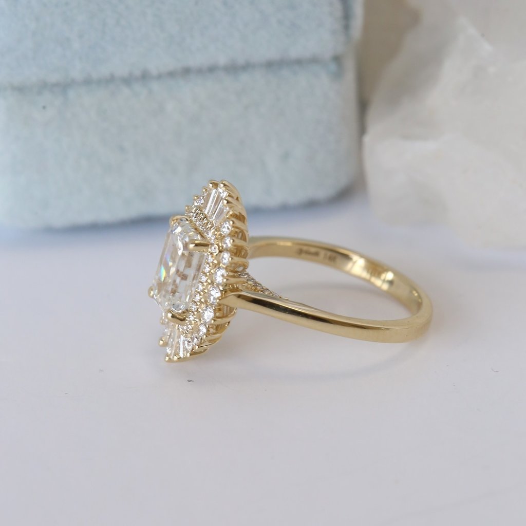 14k Yellow Gold 2.65ct (2ct F/VS2 IGI Lab Emerald Center) Baguette Halo Engagement Ring