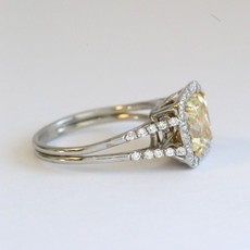 American Jewelry Platinum & 18k Gold 3.35ctw (2.7 Fancy Yellow/SI1 Ctr IGI) Split Shank Cathedral Cushion Halo Engagement Ring