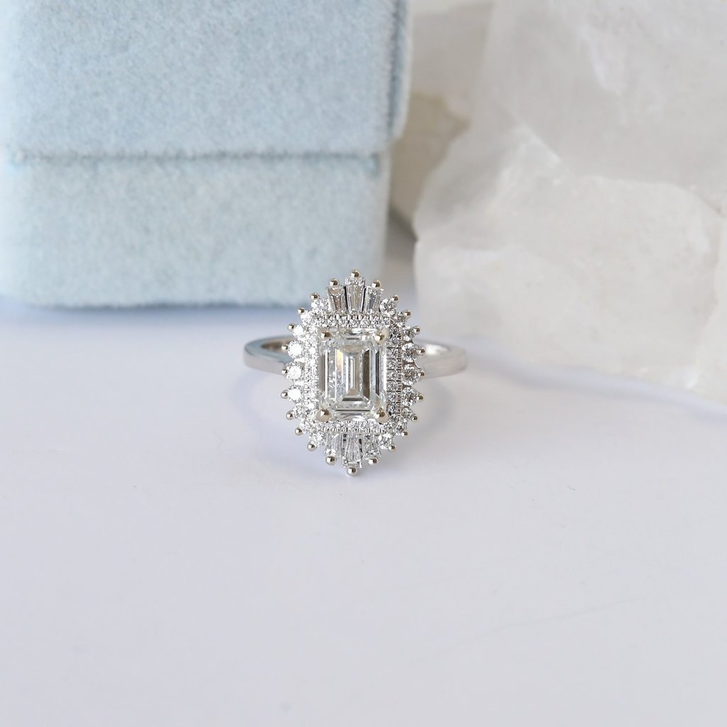 14k White Gold 2.66ct (2.01ct F/VS1 Lab Emerald Center) Baguette Diamond Halo Engagement Ring