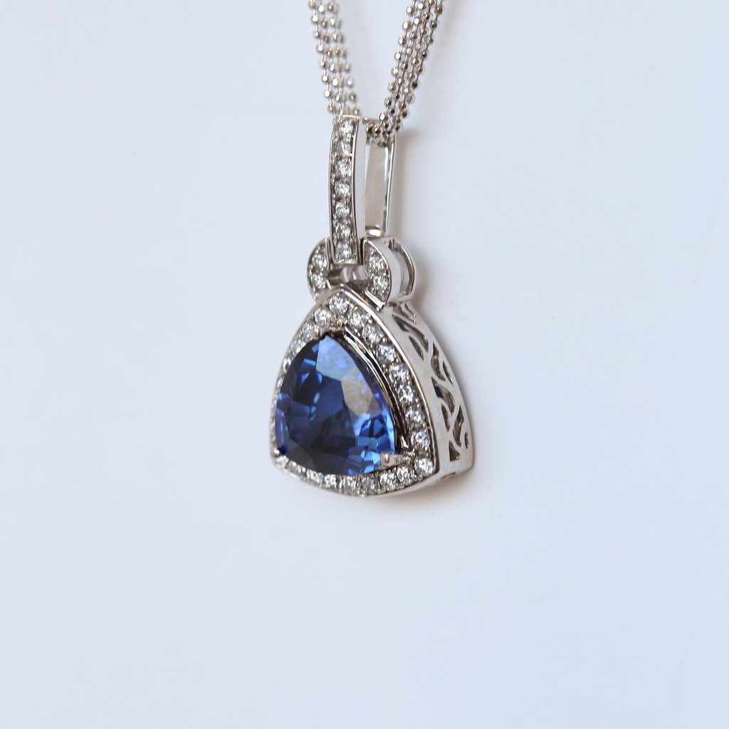 14k White Gold 8.25ct AAA Trillion Sapphire & 3/4ctw Diamond Halo Pendant Necklace