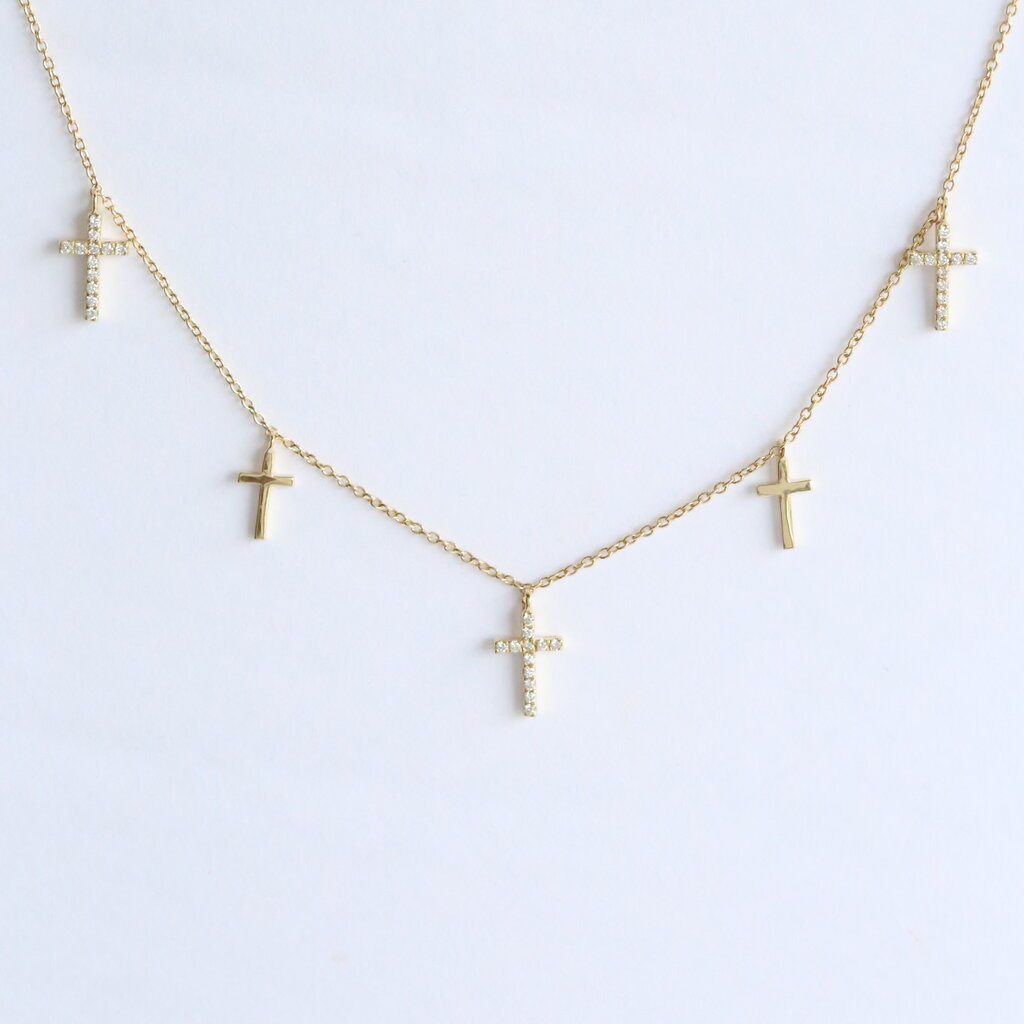 American Jewelry 14k Yellow Gold .20ctw Diamond Station Cross Necklace