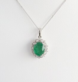 American Jewelry 14k White Gold 1.71ct Emerald .14ct Diamond Milgrain Halo Necklace