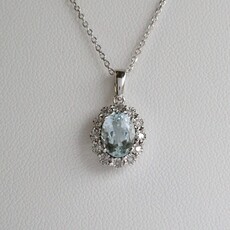 American Jewelry 14k White Gold 1.05ct Aquamarine .14ct Diamond Oval Halo Necklace