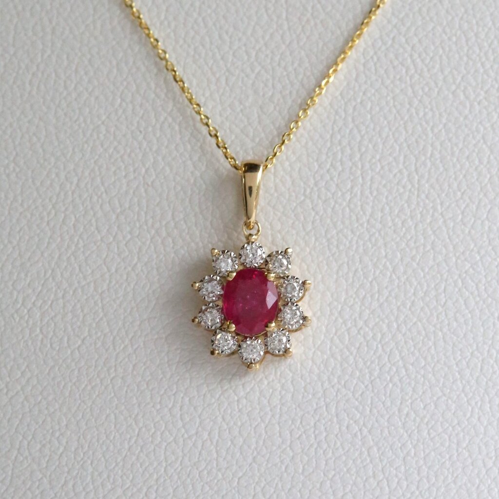 American Jewelry 14k Yellow Gold .48ctw Ruby .14ctw Diamond Halo Oval Necklace