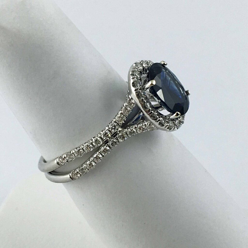 American Jewelry 14k White Gold .45ct Diamond (1.60ct Sapphire Oval Center) Split Shank Engagement Ring