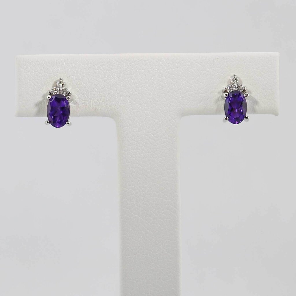 American Jewelry 14k White Gold Oval Amethyst & Diamond Birthstone Earrings