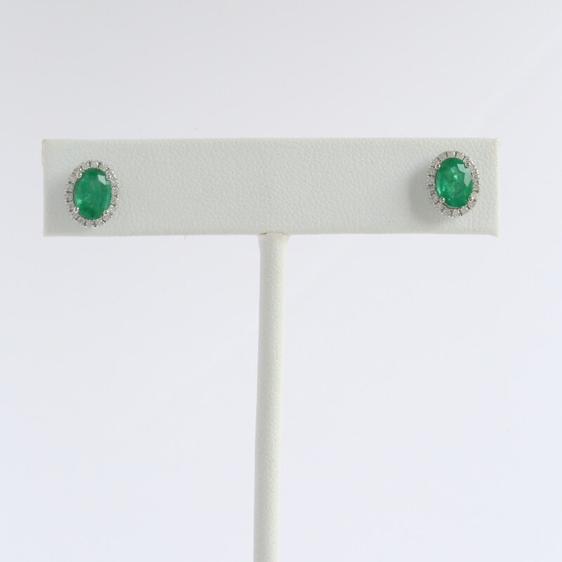 American Jewelry 14k White Gold 1.32ct Emerald .16ct Diamond Oval Halo Stud Earrings