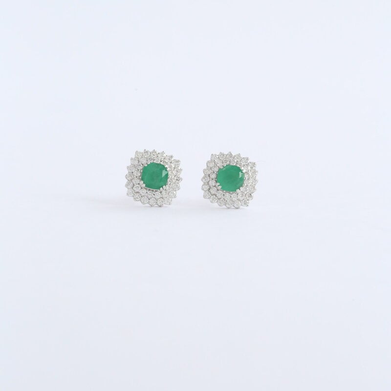 American Jewelry 14k White Gold .75ct Emerald .46ct Diamond Cluster Halo Earrings