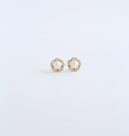 American Jewelry 14k Yellow Gold 4mm Akoya Pearl .22ct Diamond Scalloped Flower Halo Earrings