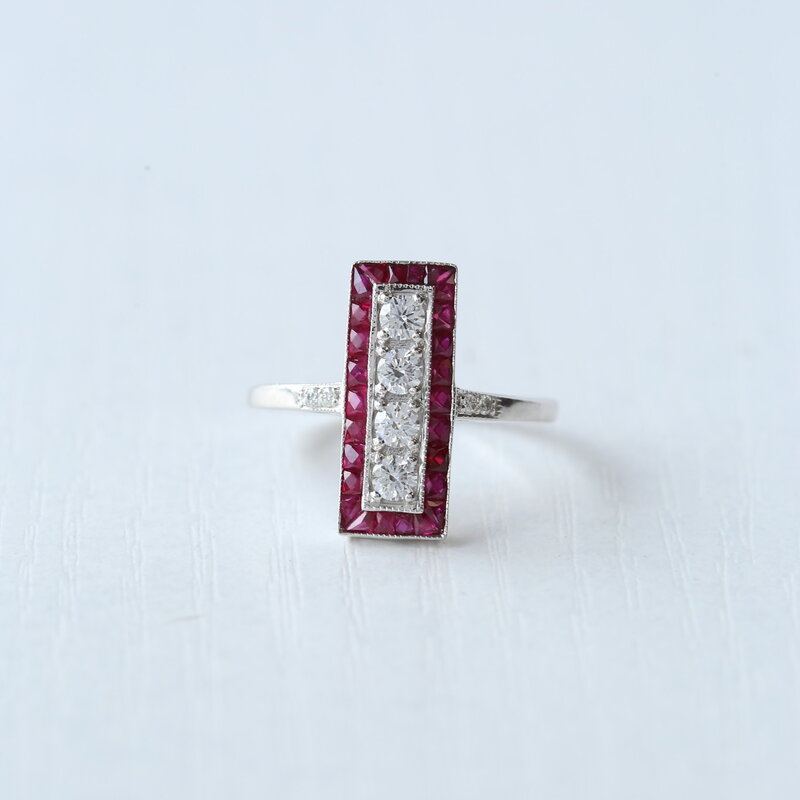 American Jewelry 14k White Gold 0.38ctw Diamond 1.17ctw French-Cut Ruby Milgrain Vintage Ring (Size 7)