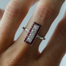 American Jewelry 14k White Gold 0.38ctw Diamond 1.17ctw French-Cut Ruby Milgrain Vintage Ring (Size 7)